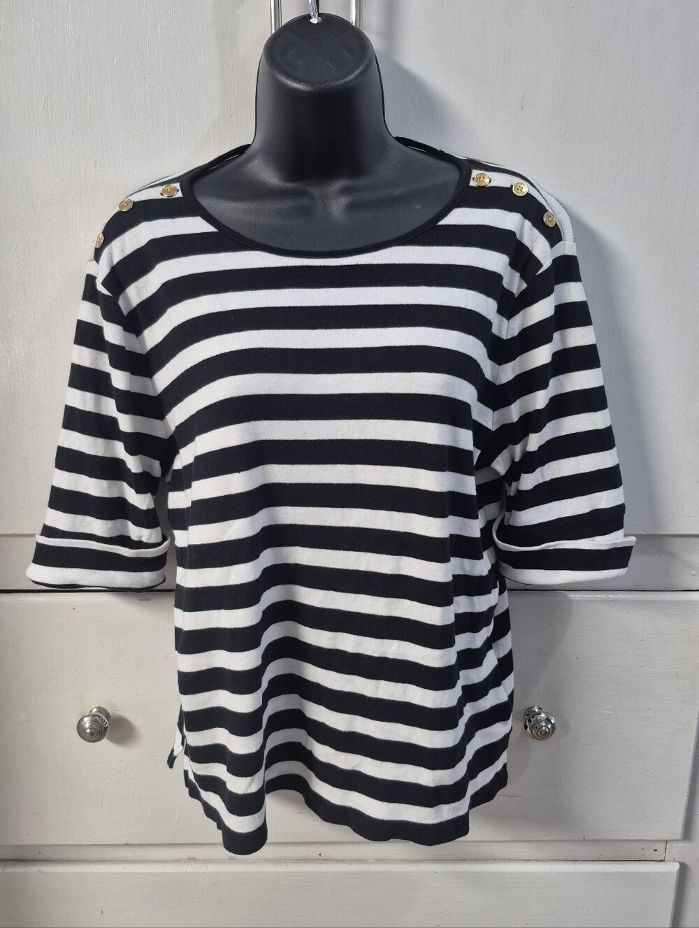 Lauren Ralph Lauren Black White Striped Button Shoulder Top XL Nautical LRL